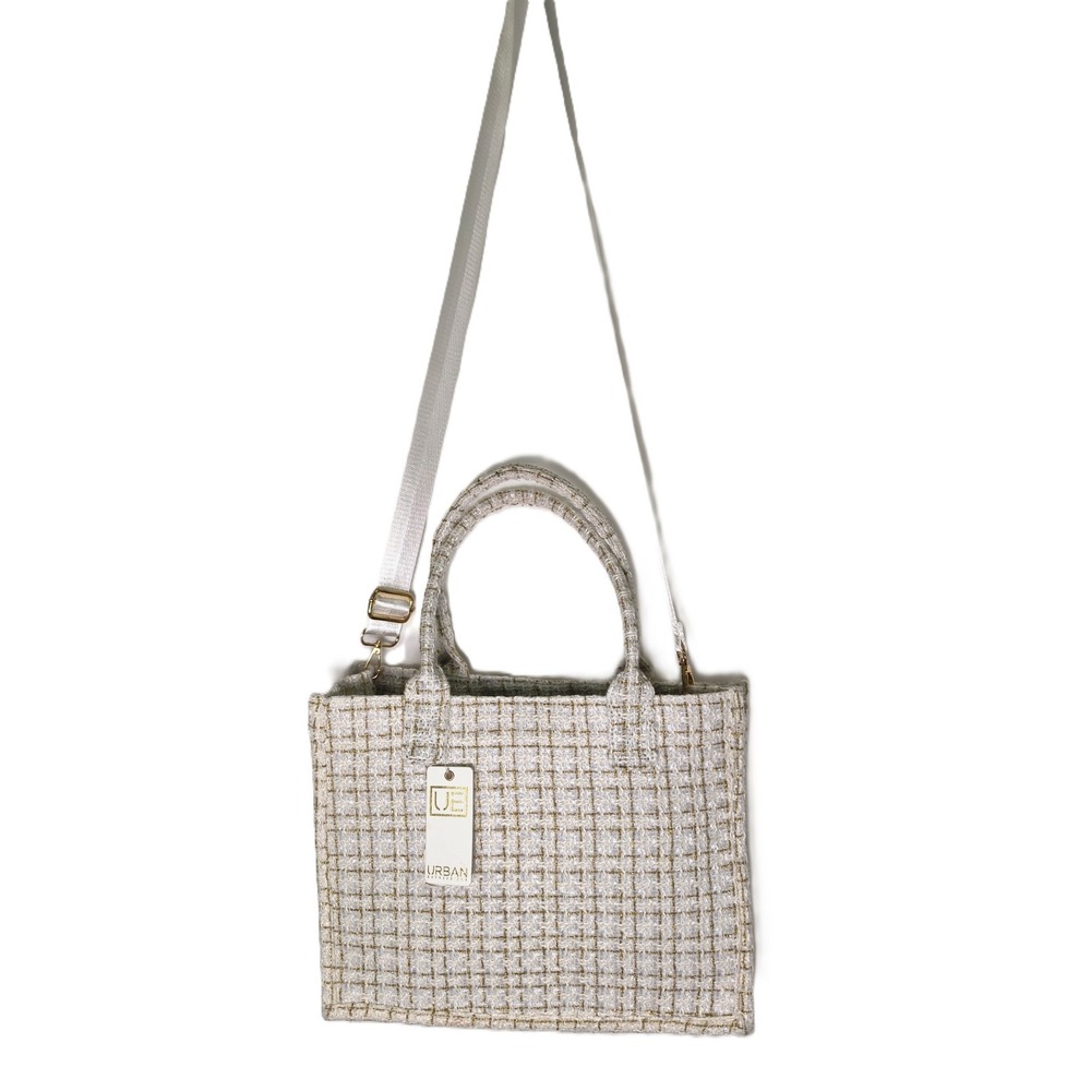 Urban Expressions Morgan Tweed Tote Bag Cream Gold Plaid Fabric Lg 14 x 11 x 4
